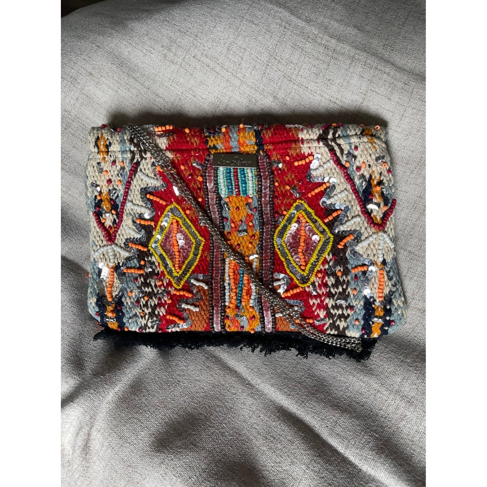 Sam Edelman Beaded Tapestry Crossbody Clutch Bag Boho Fringe Multi Color Chain - Picture 2 of 5